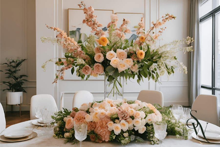 Elegant dining table with pastel floral centerpieces in a chic room.