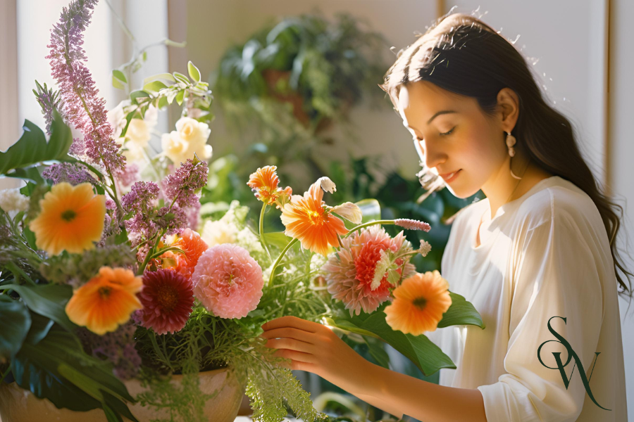 Person arranging colorful flowers in a sunlit room.