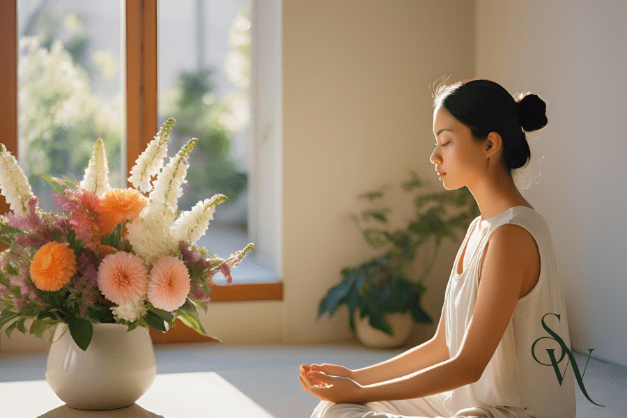 Person meditating next to a vibrant floral arrangement in a bright, sunlit room.