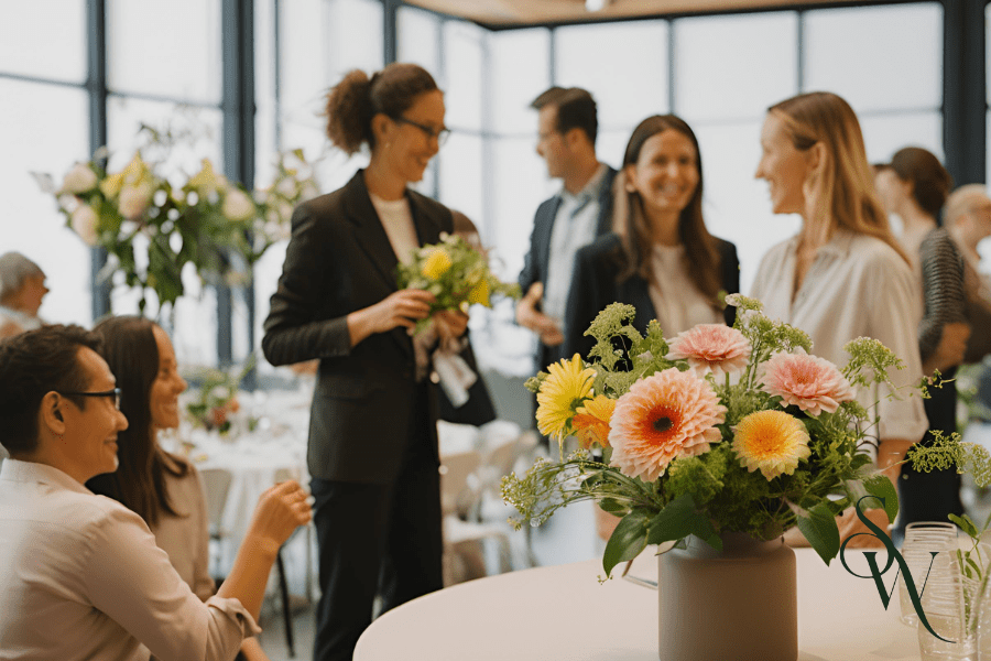 Business people networking in a bright room with tables and flowers.