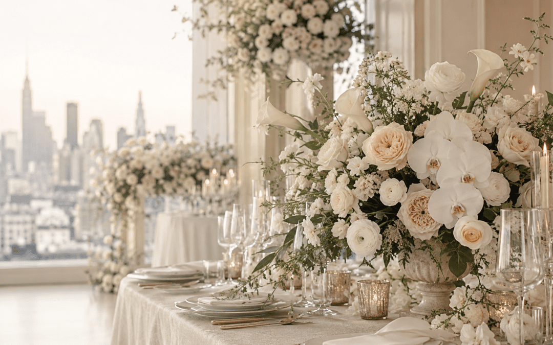 Quiet luxury wedding flowers in NYC with orchids and neutral roses