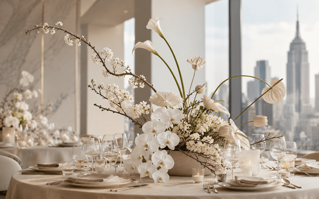 Sculptural wedding flowers for a modern NYC wedding centerpiece